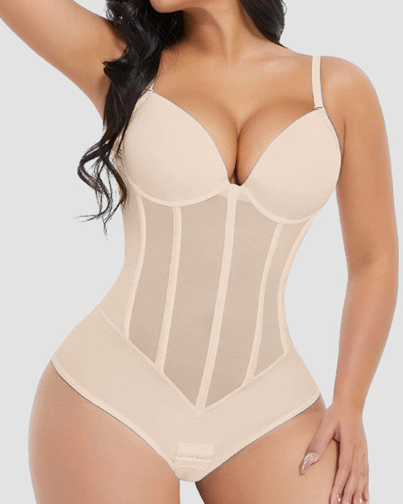 Zosia - Dames buik controle string doorschijnend mesh korset top rugloze bodysuit