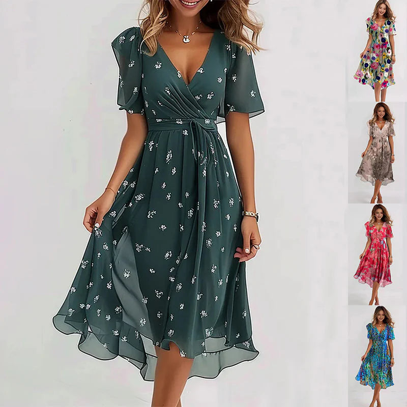 Daphne™ | Elegant Short Sleeve Chiffon Dress