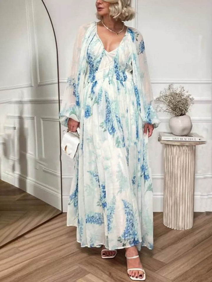 Isolde - Ocean Flower Chiffon Floral Drawstring Waist Maxi Dress