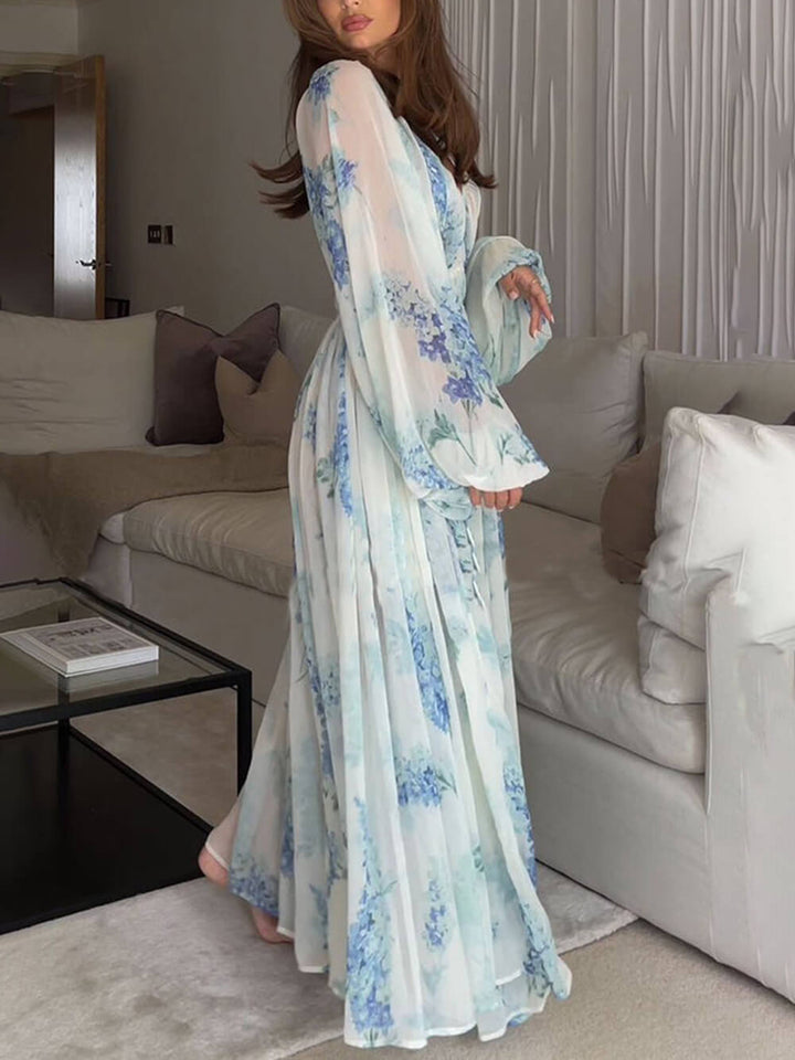 Isolde - Ocean Flower Chiffon Floral Drawstring Waist Maxi Dress