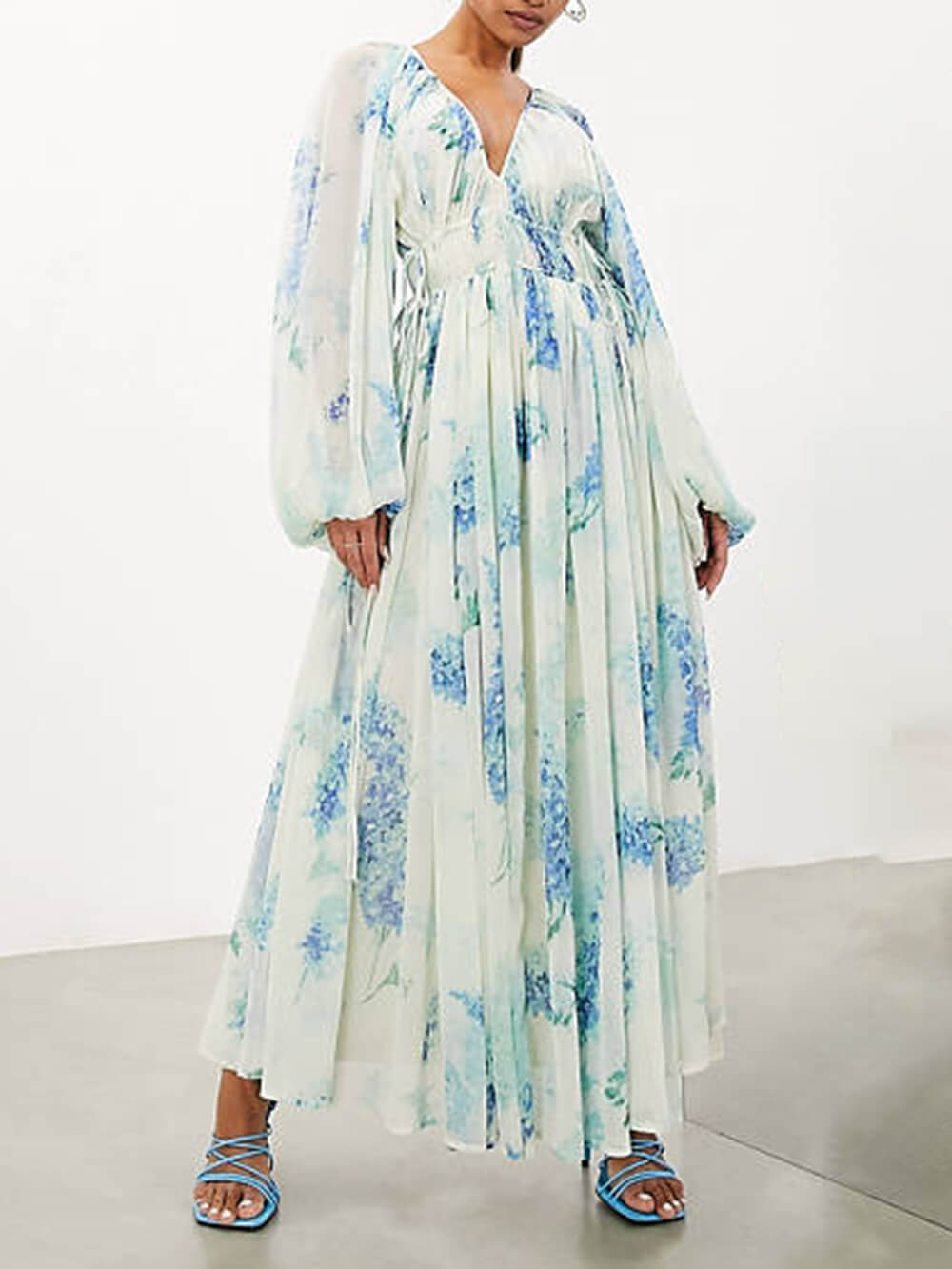 Isolde - Ocean Flower Chiffon Floral Drawstring Waist Maxi Dress