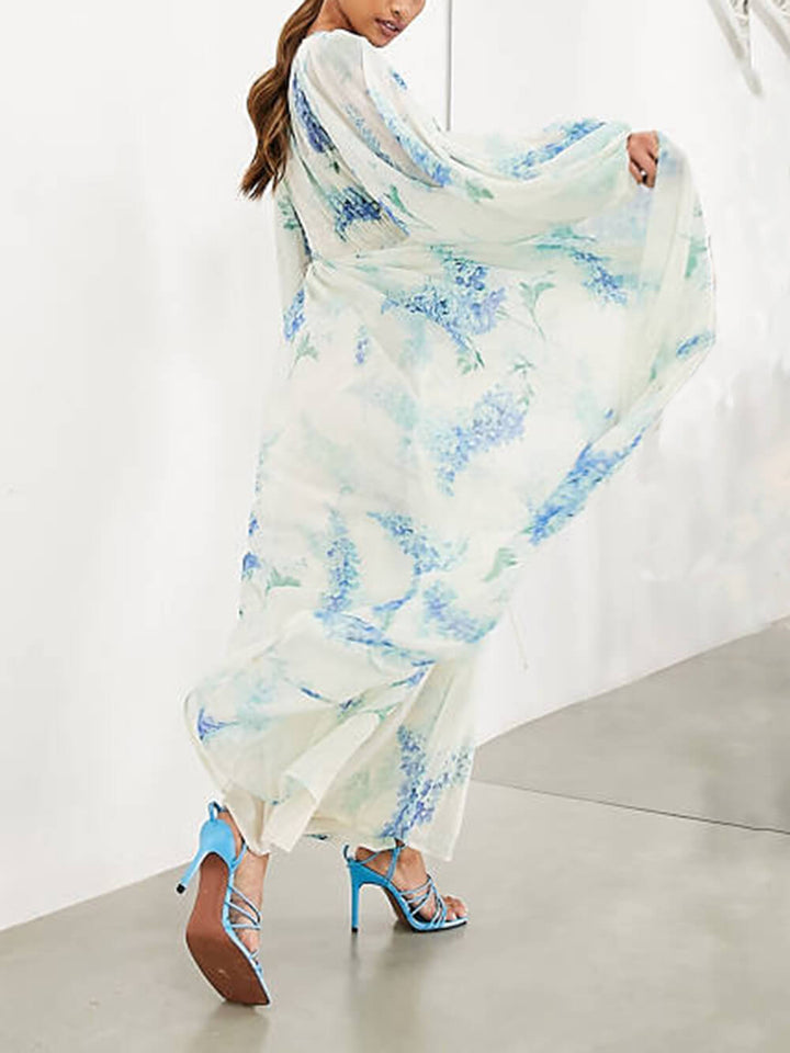 Isolde - Ocean Flower Chiffon Floral Drawstring Waist Maxi Dress