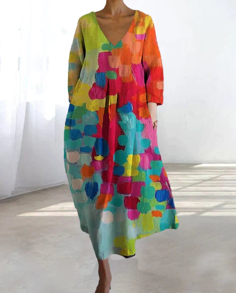 Valentina - Colorful printed dress with V-neckline