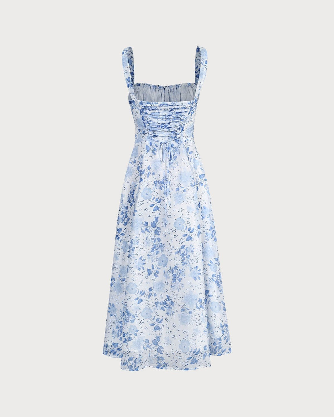 Vada - Blauwe Vierkante Hals Gebloemd Midi Dress